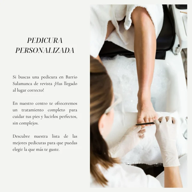 ✨ Pedicuras en My Beauty Golden: Mima tus pies como se merecen ✨

▫️En My Beauty Golden sabemos que los pies también merecen un cuidado especial. Desde la clásica pedicura hasta tratamientos más detallados y personalizados, tenemos todo lo que necesitas para unos pies impecables y suaves. 👣

▪️Nuestros servicios de pedicura incluyen:

~Exfoliación y masaje relajante 
~Hidratación profunda para suavizar la piel 
~(Opcional) Esmaltado de larga duración en los colores más trendy 🎨

🎁Regálate un momento de relax y siéntete renovada de pies a cabeza. ¡Ven y descubre la experiencia de belleza en My Beauty Golden! 

¿Te gustaría disfrutar de una pedicura personalizada ahora mismo? 
-
-
-
-
 #MyBeautyGolden #PedicuraPerfecta #CuidaTusPies #BarrioSalamanca #Madrid