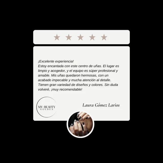 ⭐️⭐️⭐️⭐️⭐️ Reseña

▫️Gracias Laura por escribir tu experiencia con nosotros. 

- Te invitamos a leer las reseñas que nuestros clientes han escrito después de acudir a nuestro centro ubicado en Barrio Salamanca en Madrid. (Enlace directo en stories)
-
-
-
-
#MyBeautyGolden #madrid #barriosalamanca #opiniones
